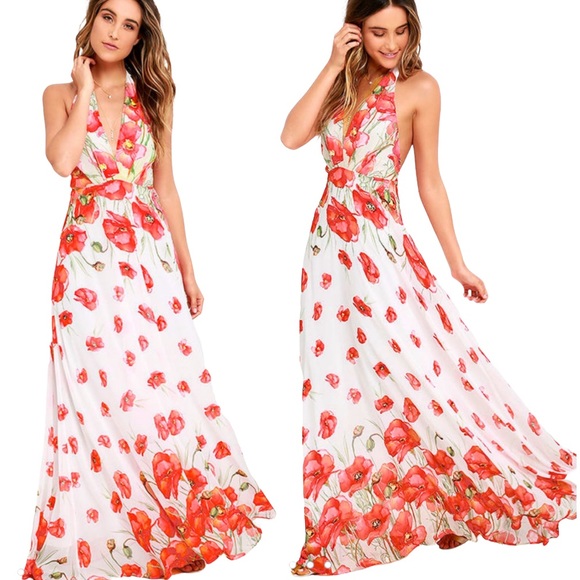 Lulus Dresses & Skirts - Lulu's Poppy Floral Maxi Dress Halter Neck Ivory/Red Size XL NWT